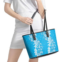 Puakenikeni and Maile Lei Leather Tote Bag Blue Double Strand Lei