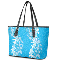 Puakenikeni and Maile Lei Leather Tote Bag Blue Double Strand Lei