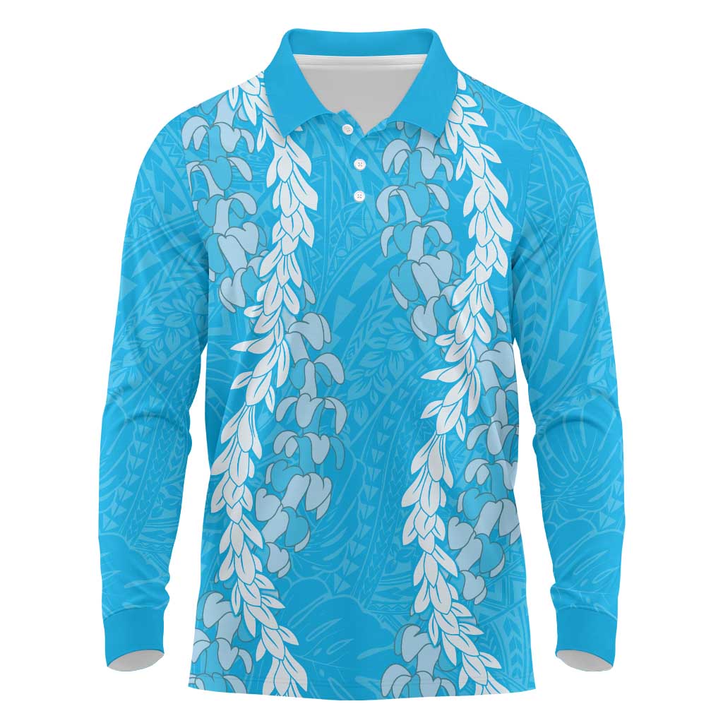 Puakenikeni and Maile Lei Long Sleeve Polo Shirt Blue Double Strand Lei