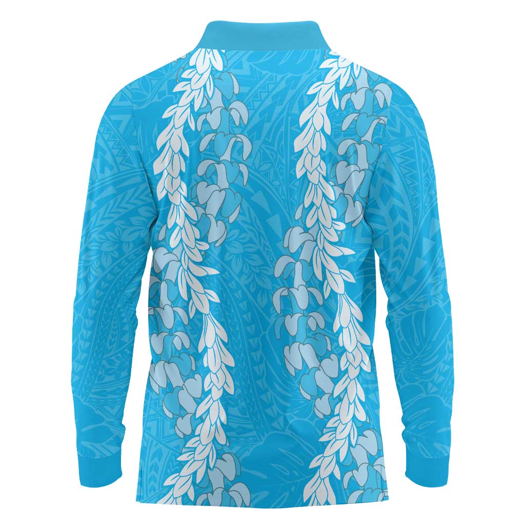 Puakenikeni and Maile Lei Long Sleeve Polo Shirt Blue Double Strand Lei