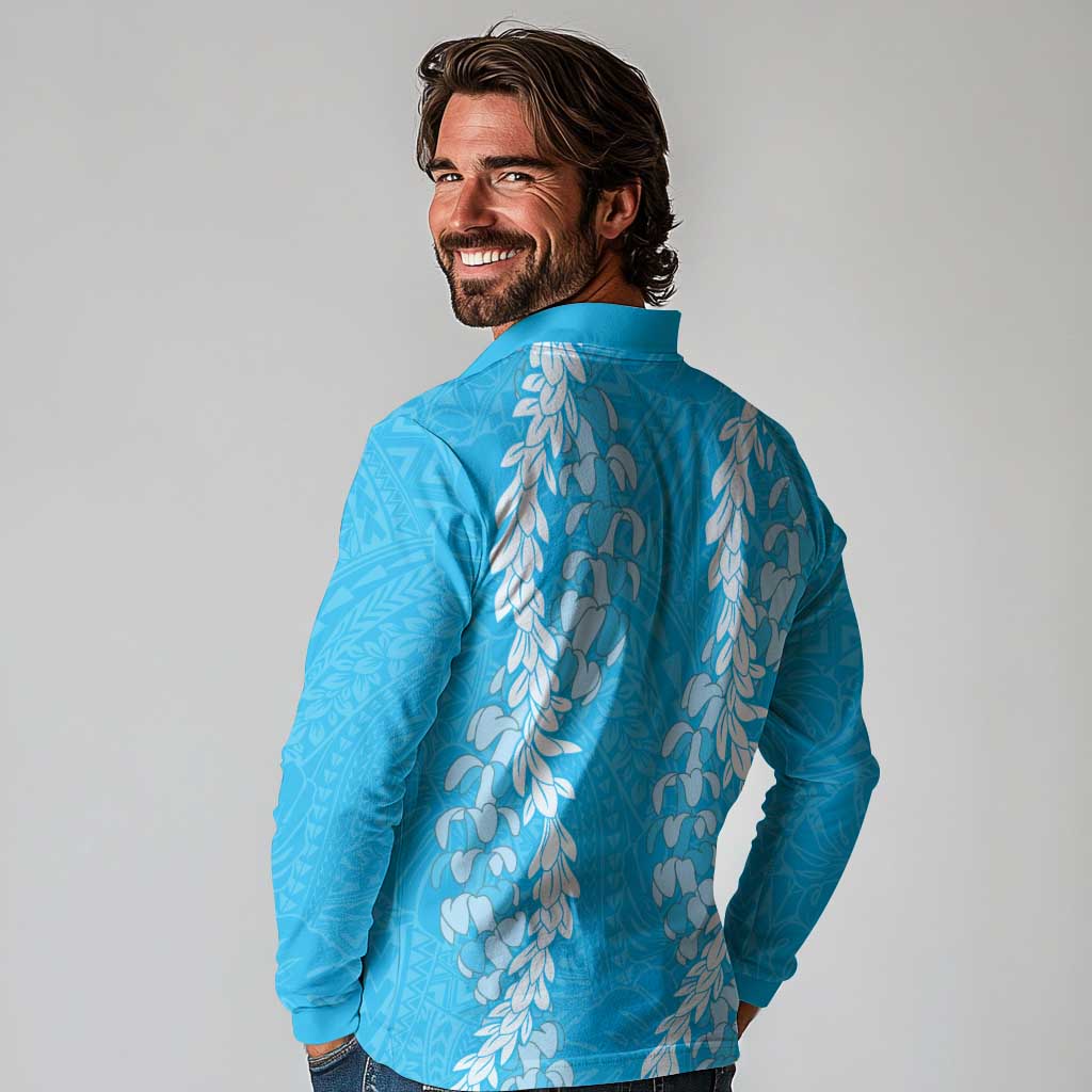 Puakenikeni and Maile Lei Long Sleeve Polo Shirt Blue Double Strand Lei