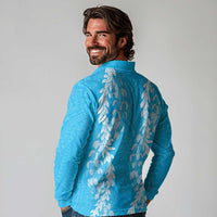 Puakenikeni and Maile Lei Long Sleeve Polo Shirt Blue Double Strand Lei