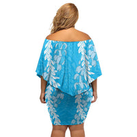 Puakenikeni and Maile Lei Off Shoulder Short Dress Blue Double Strand Lei