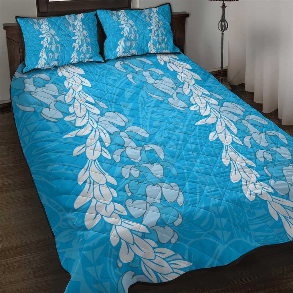 Puakenikeni and Maile Lei Quilt Bed Set Blue Double Strand Lei LT9 Blue - Polynesian Pride