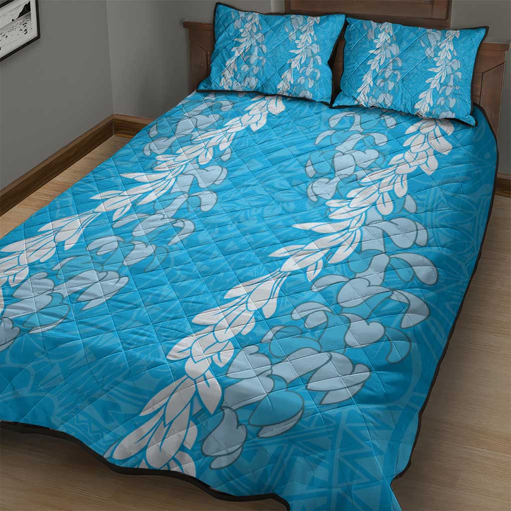 Puakenikeni and Maile Lei Quilt Bed Set Blue Double Strand Lei