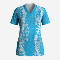 Puakenikeni and Maile Lei Scrub Top Blue Double Strand Lei - Polynesian Pride