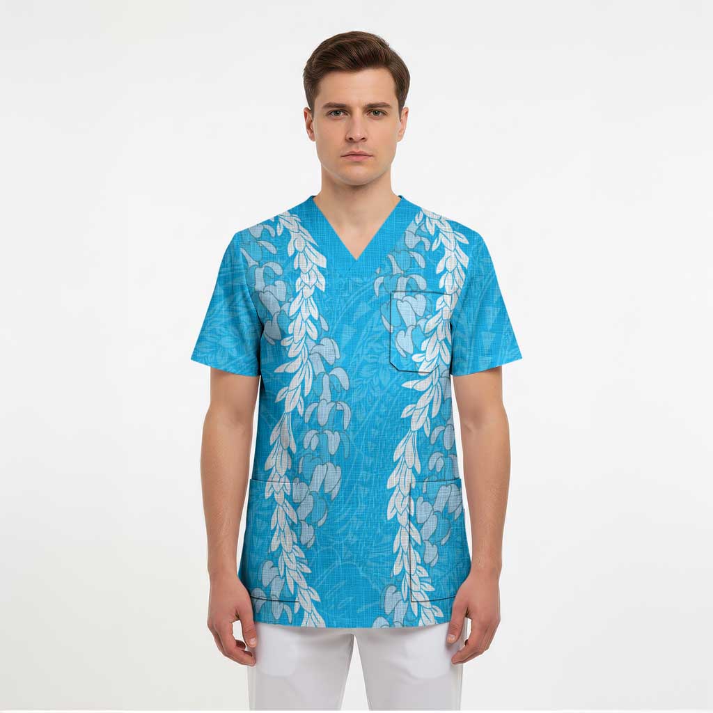 Puakenikeni and Maile Lei Scrub Top Blue Double Strand Lei - Polynesian Pride
