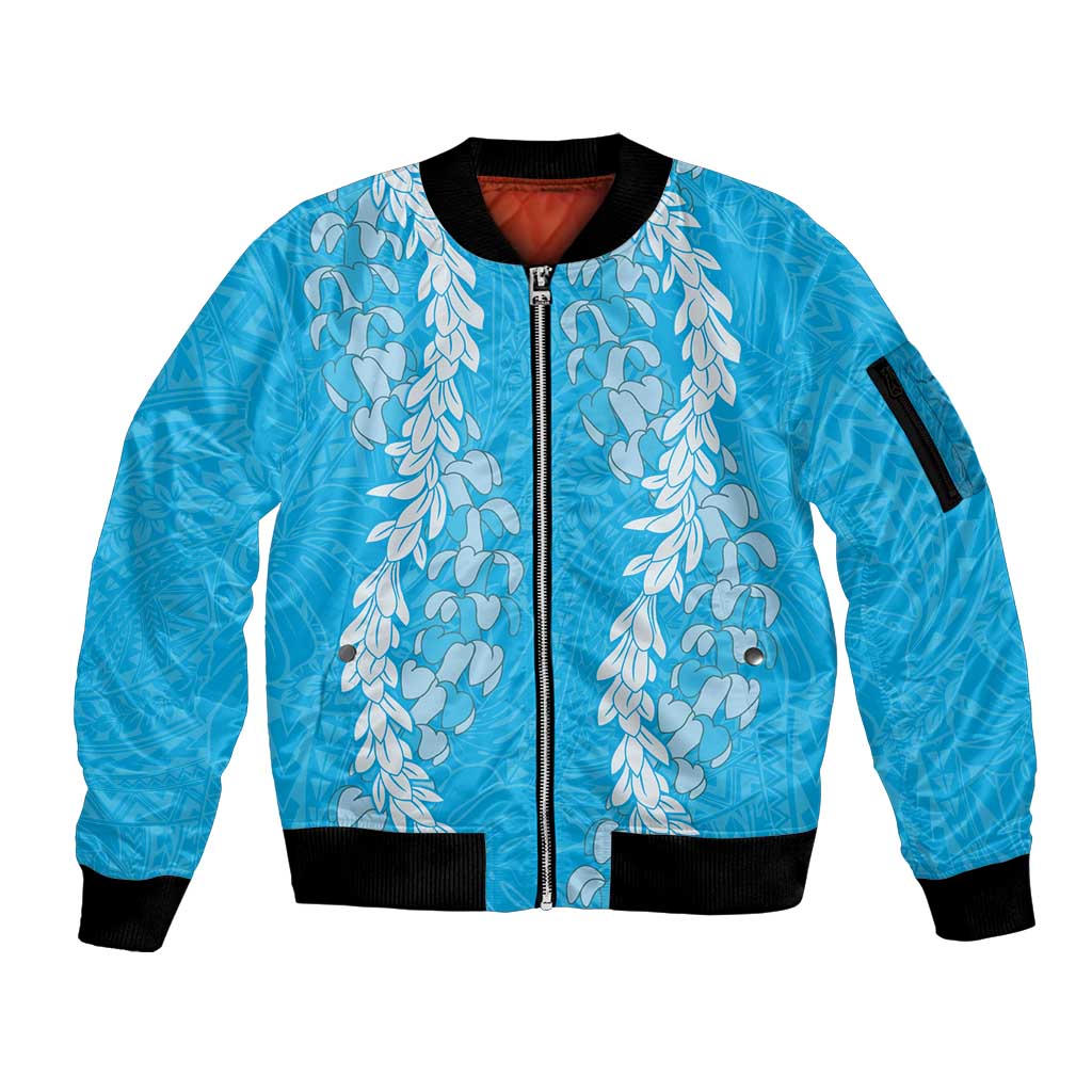 Puakenikeni and Maile Lei Sleeve Zip Bomber Jacket Blue Double Strand Lei LT9 Unisex Blue - Polynesian Pride