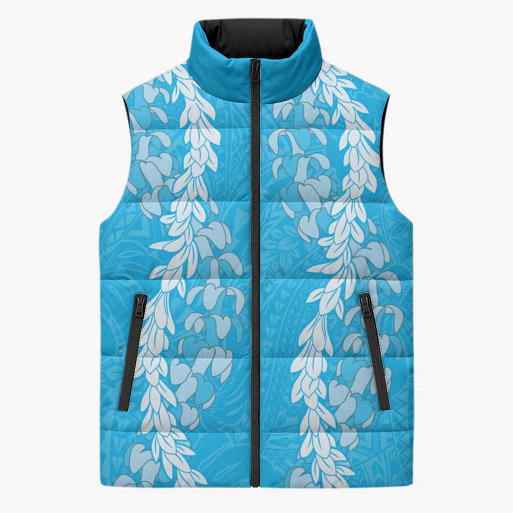 Puakenikeni and Maile Lei Sleeveless Puffer Jacket Blue Double Strand Lei LT9 Unisex Blue - Polynesian Pride