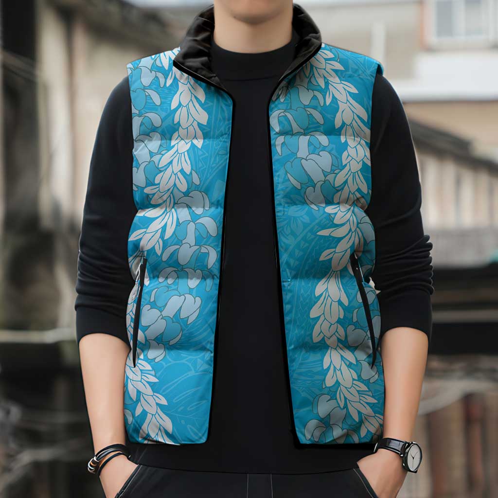 Puakenikeni and Maile Lei Sleeveless Puffer Jacket Blue Double Strand Lei LT9 - Polynesian Pride