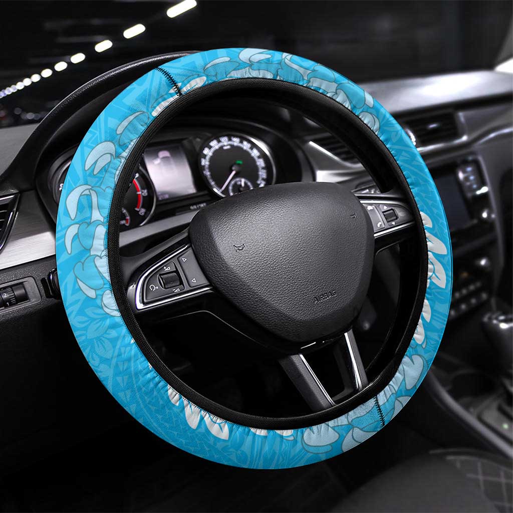 Puakenikeni and Maile Lei Steering Wheel Cover Blue Double Strand Lei