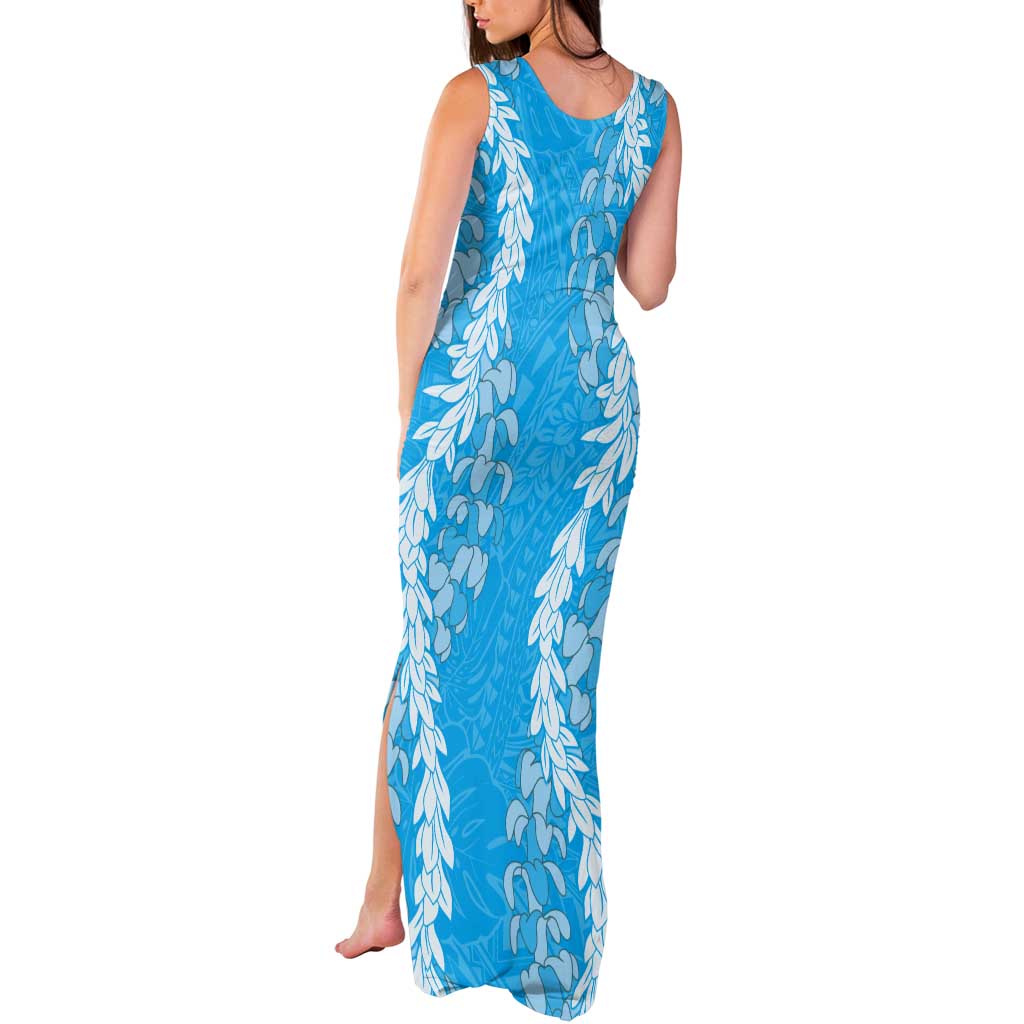 Puakenikeni and Maile Lei Tank Maxi Dress Blue Double Strand Lei