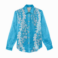 Puakenikeni and Maile Lei Women Casual Shirt Blue Double Strand Lei
