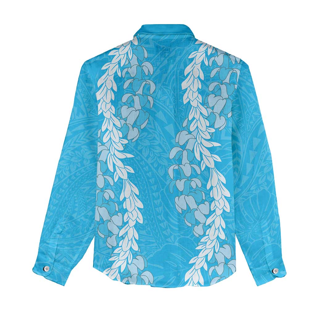 Puakenikeni and Maile Lei Women Casual Shirt Blue Double Strand Lei