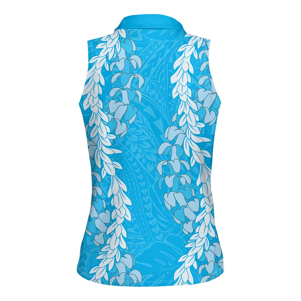 Puakenikeni and Maile Lei Women Sleeveless Polo Shirt Blue Double Strand Lei