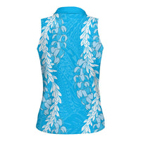 Puakenikeni and Maile Lei Women Sleeveless Polo Shirt Blue Double Strand Lei