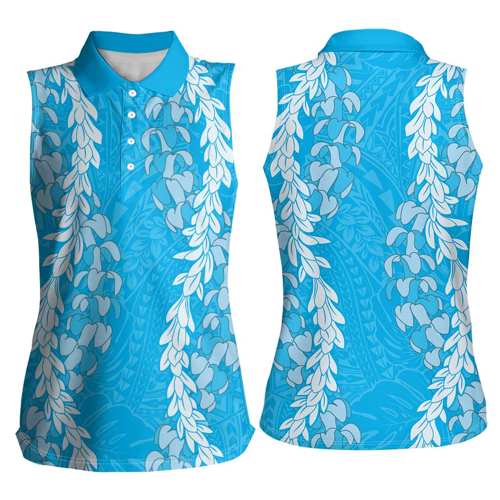 Puakenikeni and Maile Lei Women Sleeveless Polo Shirt Blue Double Strand Lei