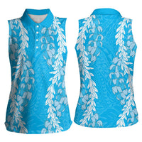 Puakenikeni and Maile Lei Women Sleeveless Polo Shirt Blue Double Strand Lei