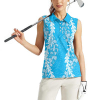Puakenikeni and Maile Lei Women Sleeveless Polo Shirt Blue Double Strand Lei