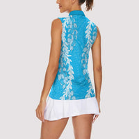 Puakenikeni and Maile Lei Women Sleeveless Polo Shirt Blue Double Strand Lei