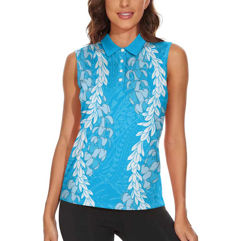 Puakenikeni and Maile Lei Women Sleeveless Polo Shirt Blue Double Strand Lei