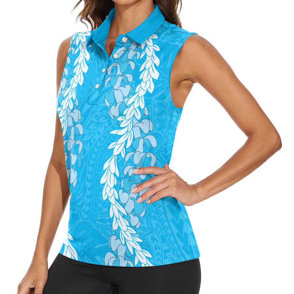 Puakenikeni and Maile Lei Women Sleeveless Polo Shirt Blue Double Strand Lei