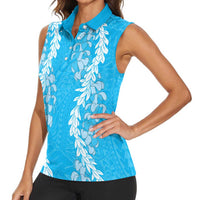 Puakenikeni and Maile Lei Women Sleeveless Polo Shirt Blue Double Strand Lei