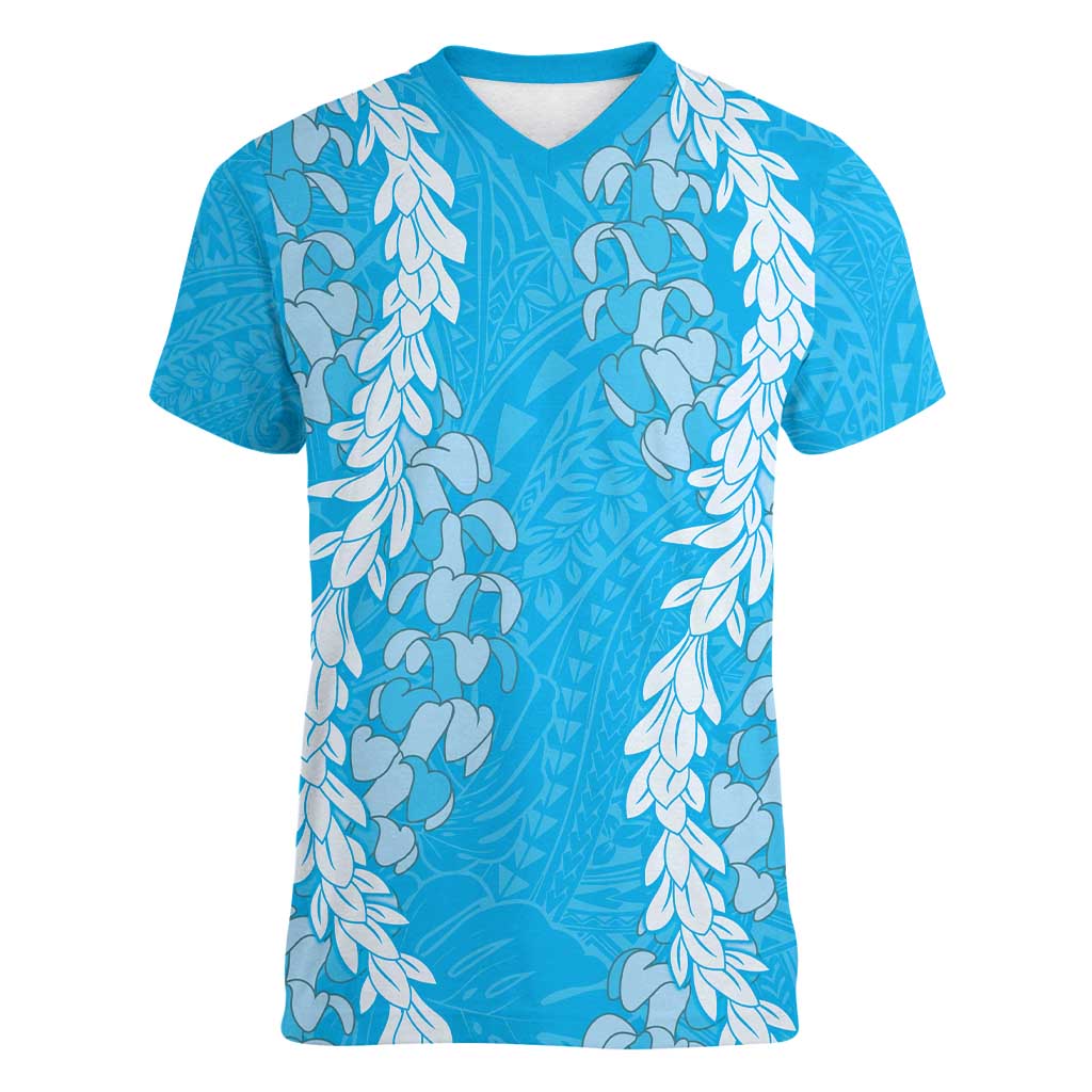 Puakenikeni and Maile Lei Women V-Neck T-Shirt Blue Double Strand Lei