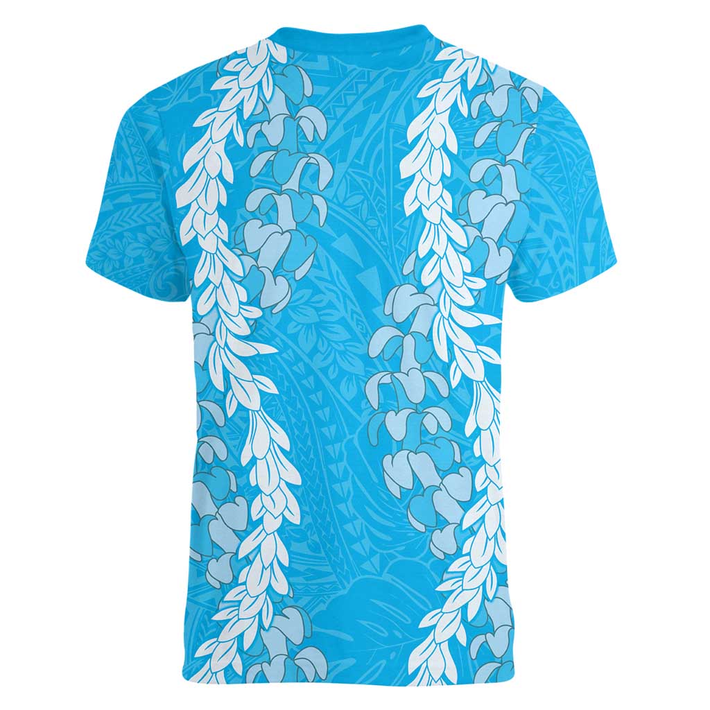 Puakenikeni and Maile Lei Women V-Neck T-Shirt Blue Double Strand Lei