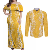 Puakenikeni and Maile Lei Couples Matching Off Shoulder Maxi Dress and Long Sleeve Button Shirt Gold Double Strand Lei