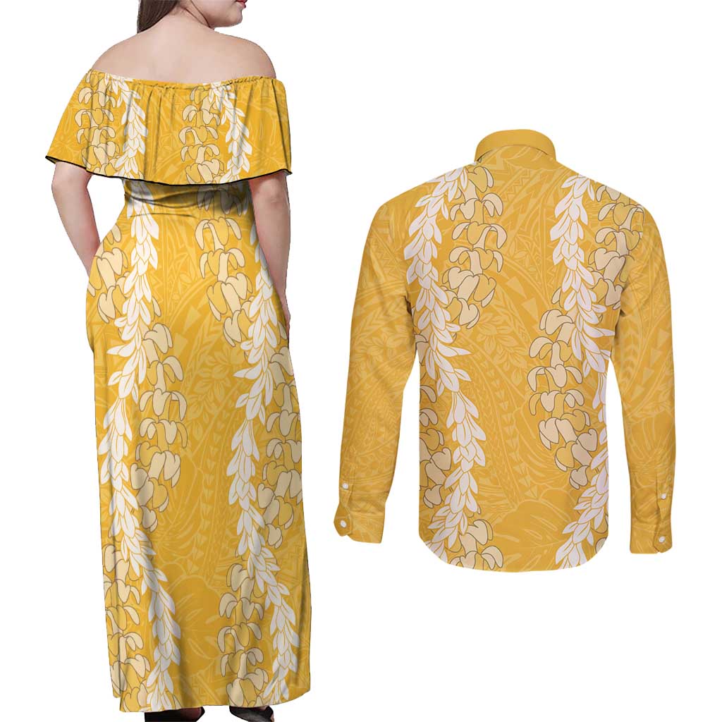 Puakenikeni and Maile Lei Couples Matching Off Shoulder Maxi Dress and Long Sleeve Button Shirt Gold Double Strand Lei