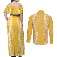 Puakenikeni and Maile Lei Couples Matching Off Shoulder Maxi Dress and Long Sleeve Button Shirt Gold Double Strand Lei