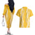 Puakenikeni and Maile Lei Couples Matching Off The Shoulder Long Sleeve Dress and Hawaiian Shirt Gold Double Strand Lei
