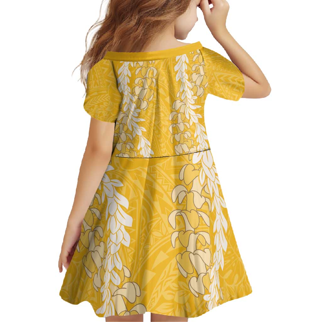 Puakenikeni and Maile Lei Family Matching Long Sleeve Bodycon Dress and Hawaiian Shirt Gold Double Strand Lei