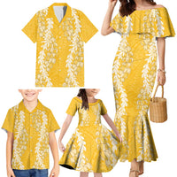 Puakenikeni and Maile Lei Family Matching Mermaid Dress and Hawaiian Shirt Gold Double Strand Lei