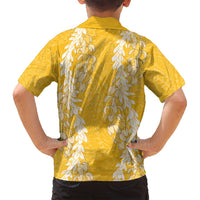 Puakenikeni and Maile Lei Family Matching Off Shoulder Maxi Dress and Hawaiian Shirt Gold Double Strand Lei