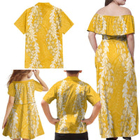 Puakenikeni and Maile Lei Family Matching Off Shoulder Maxi Dress and Hawaiian Shirt Gold Double Strand Lei
