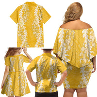 Puakenikeni and Maile Lei Family Matching Off Shoulder Short Dress and Hawaiian Shirt Gold Double Strand Lei