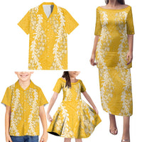 Puakenikeni and Maile Lei Family Matching Puletasi and Hawaiian Shirt Gold Double Strand Lei