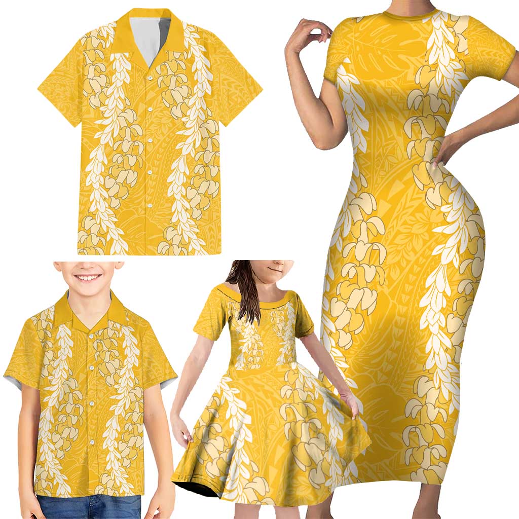 Puakenikeni and Maile Lei Family Matching Short Sleeve Bodycon Dress and Hawaiian Shirt Gold Double Strand Lei