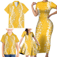 Puakenikeni and Maile Lei Family Matching Short Sleeve Bodycon Dress and Hawaiian Shirt Gold Double Strand Lei