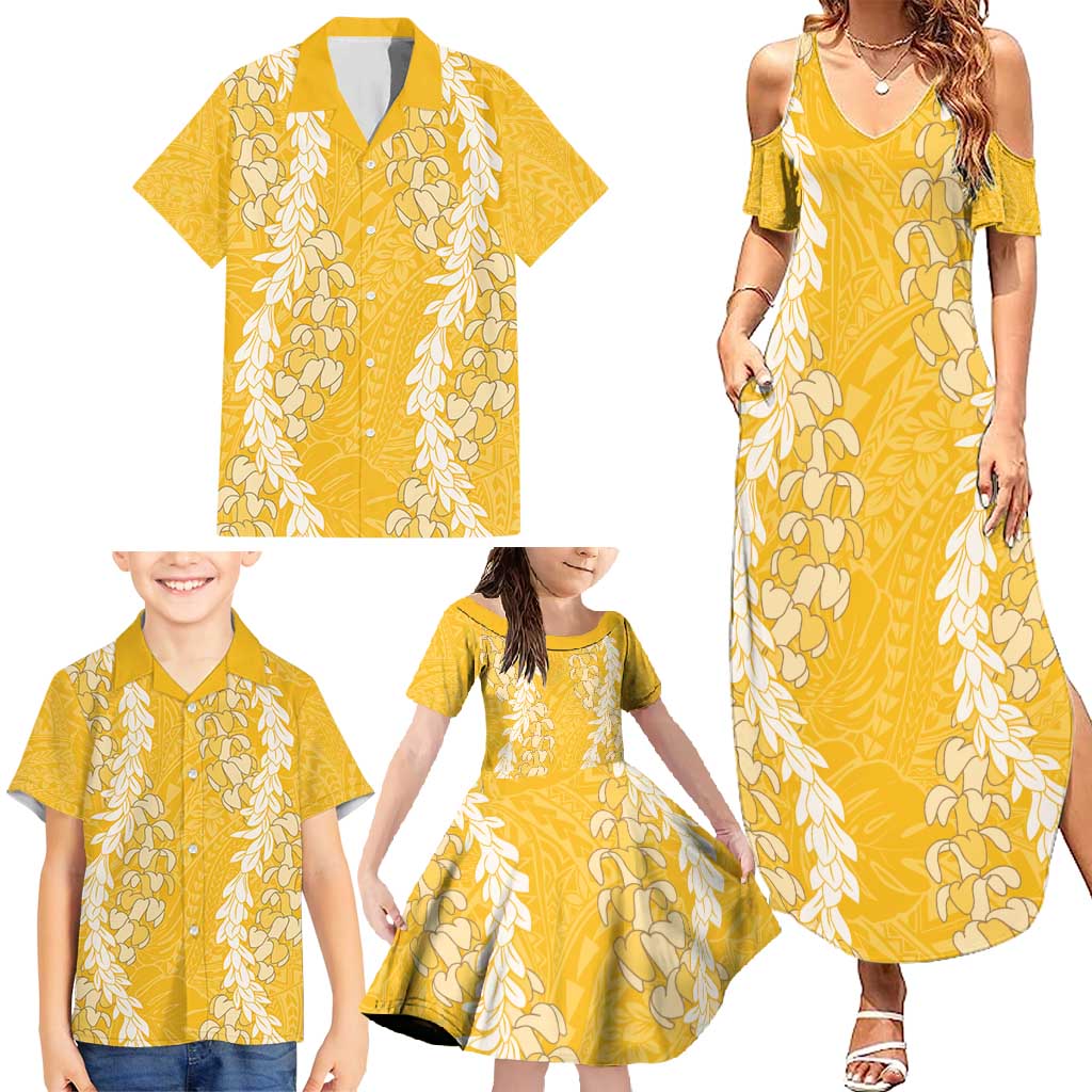 Puakenikeni and Maile Lei Family Matching Summer Maxi Dress and Hawaiian Shirt Gold Double Strand Lei