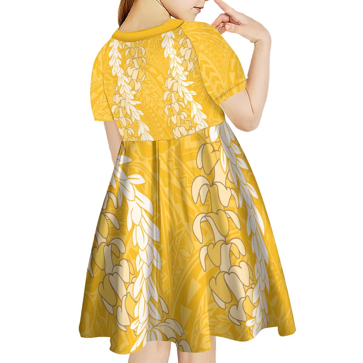 Puakenikeni and Maile Lei Kid Short Sleeve Dress Gold Double Strand Lei