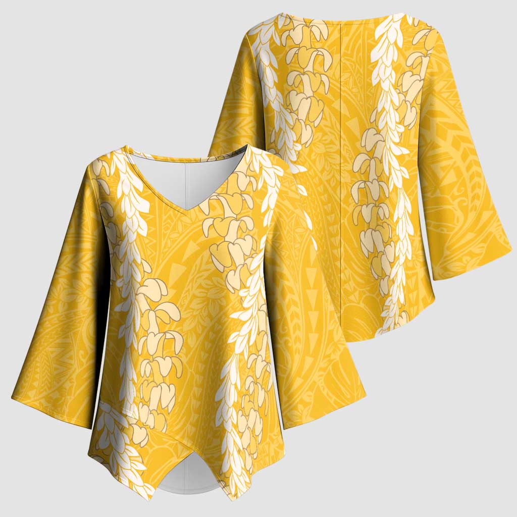 Puakenikeni and Maile Lei Kimono Sleeve Blouse Gold Double Strand Lei - Polynesian Pride