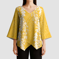 Puakenikeni and Maile Lei Kimono Sleeve Blouse Gold Double Strand Lei - Polynesian Pride