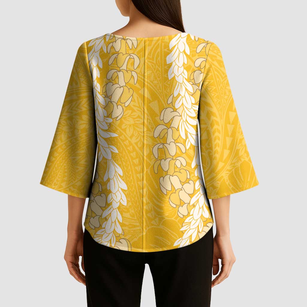 Puakenikeni and Maile Lei Kimono Sleeve Blouse Gold Double Strand Lei - Polynesian Pride