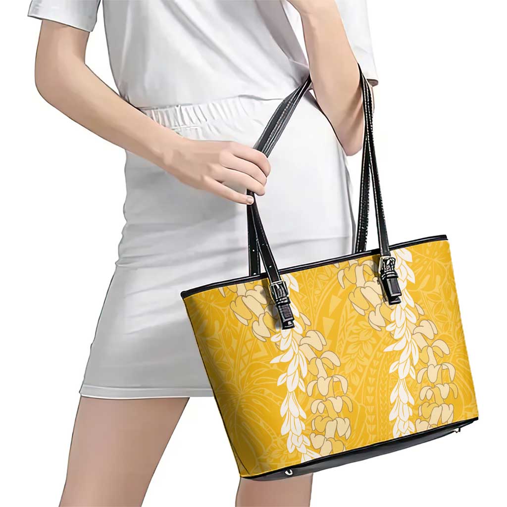 Puakenikeni and Maile Lei Leather Tote Bag Gold Double Strand Lei