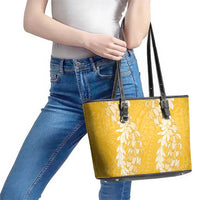 Puakenikeni and Maile Lei Leather Tote Bag Gold Double Strand Lei