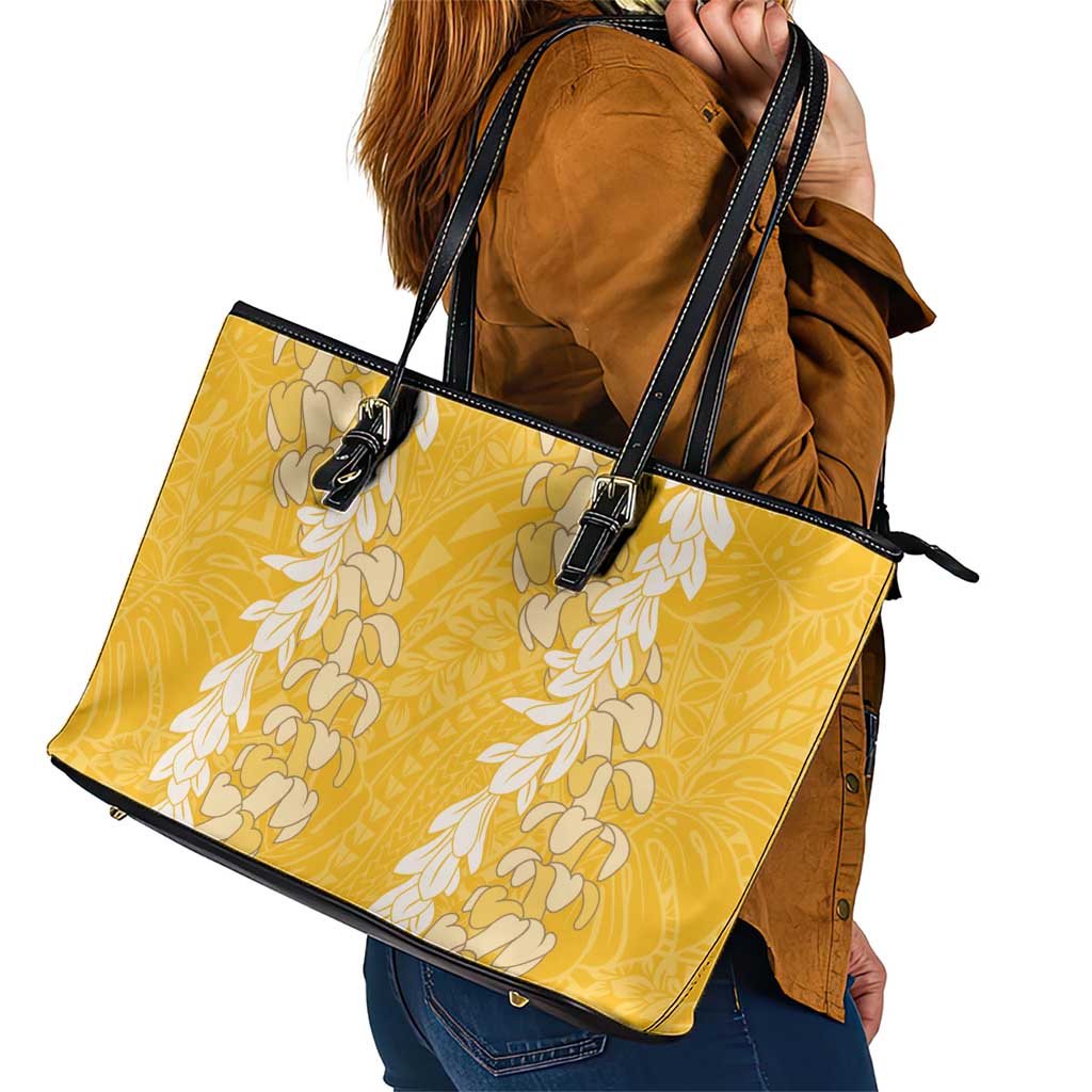 Puakenikeni and Maile Lei Leather Tote Bag Gold Double Strand Lei