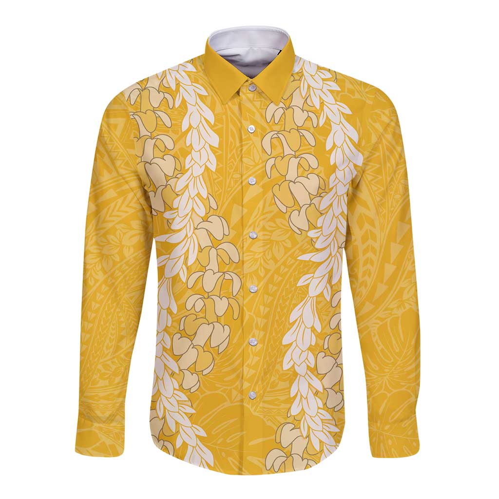 Puakenikeni and Maile Lei Long Sleeve Button Shirt Gold Double Strand Lei